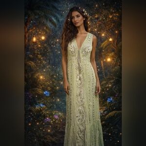 NWOT Papa Pia Lime Green Mirror Embellished Embroidered Maxi Dress | One Size